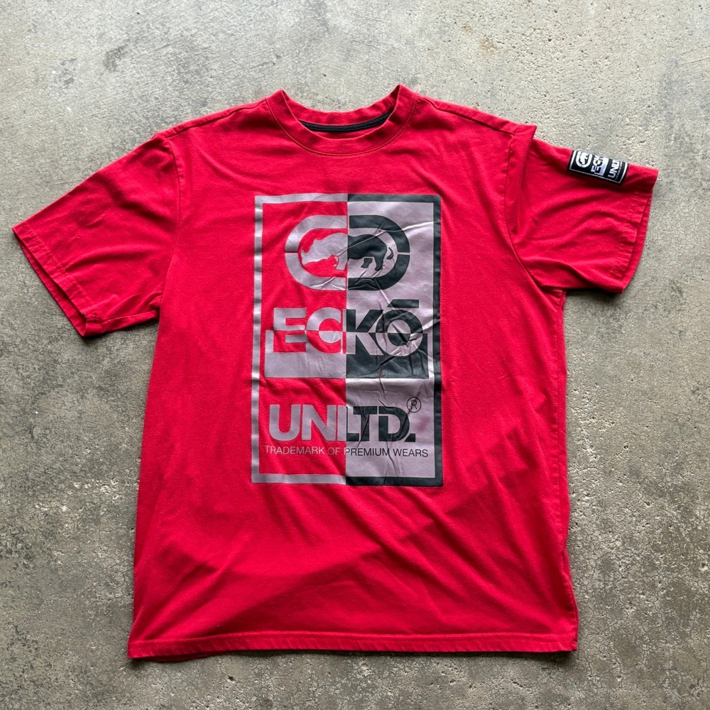Ecko Unltd Mens Red‎ Graphic T-Shirt Short Sleeve Logo Patch Streetwear